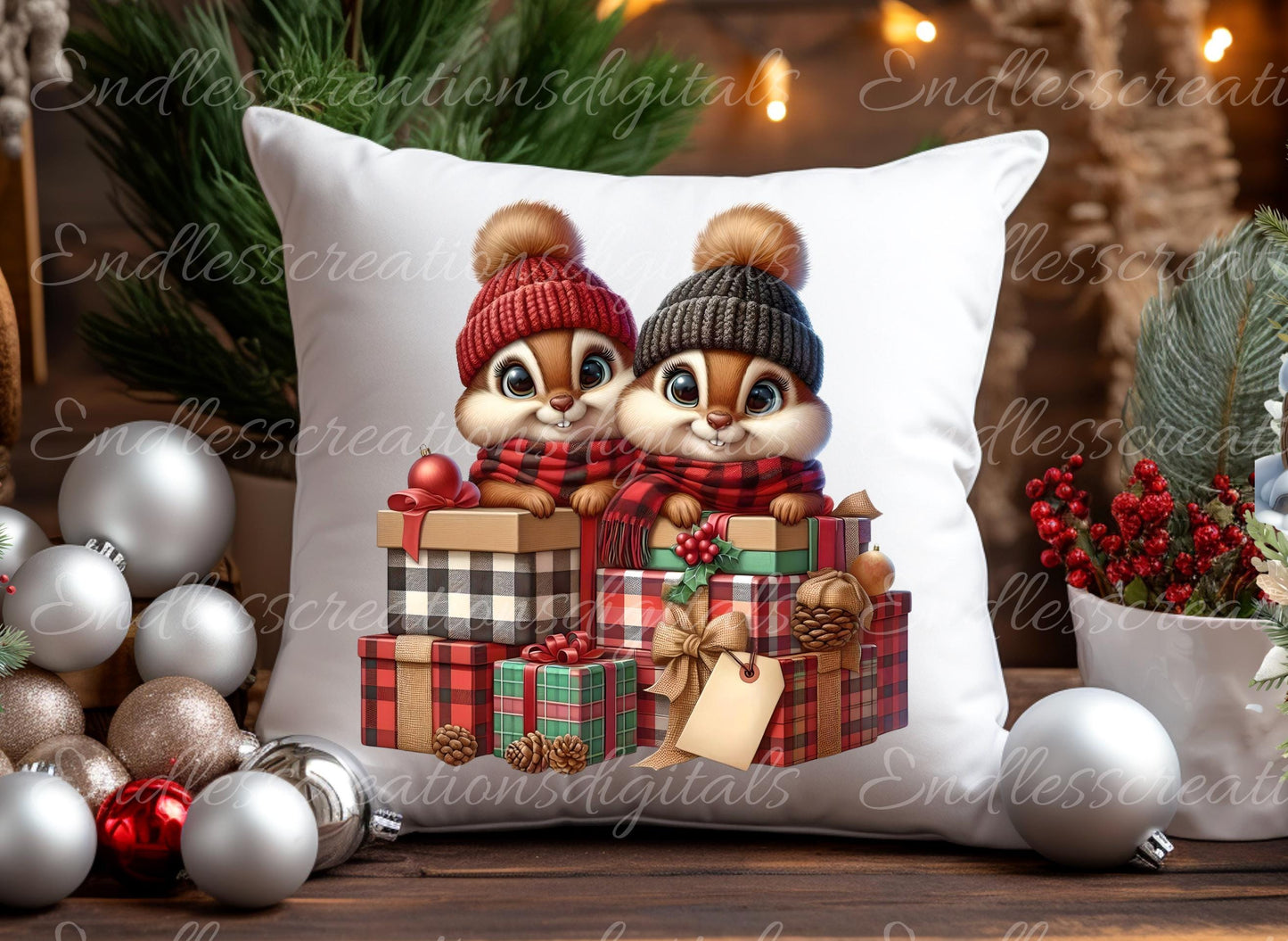 CHRISTMAS CHIPMUNKS PILLOW covers, tea towel, mugs,  sublimation package of 5 blanks add your own text high definition 300 Dpi, transparent,