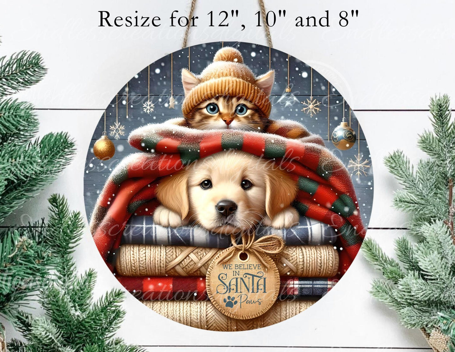 SANTA PAWS ROUND  Door Hanger, cutting board, ornament sublimation high resolution 2 files for download 1 add your own text Resize