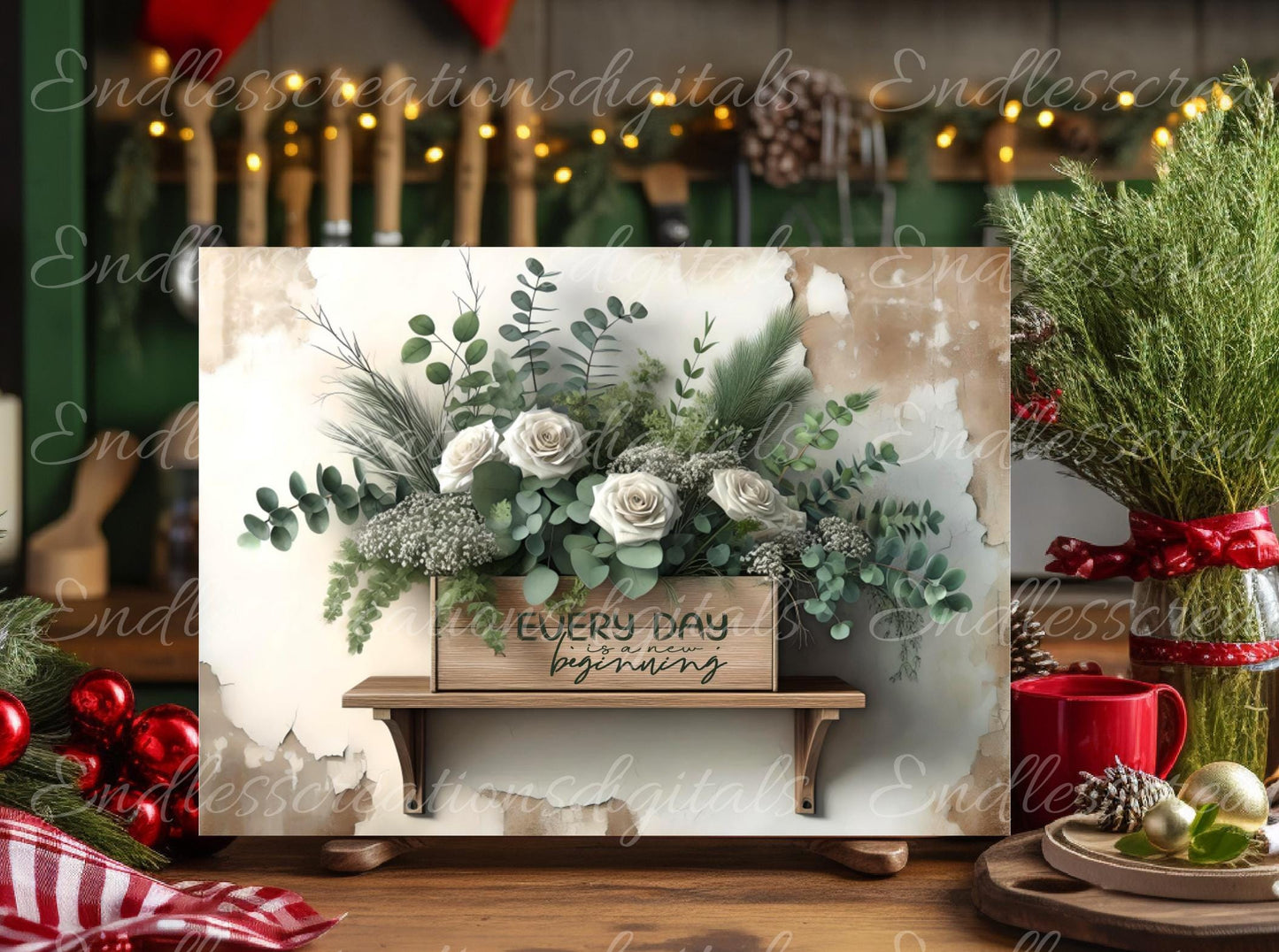 WINTER FLORAL SHELF cutting board sublimation,  Slate, 300 dpi high resolution, can be resized to fit, 2 files 1 add your own text