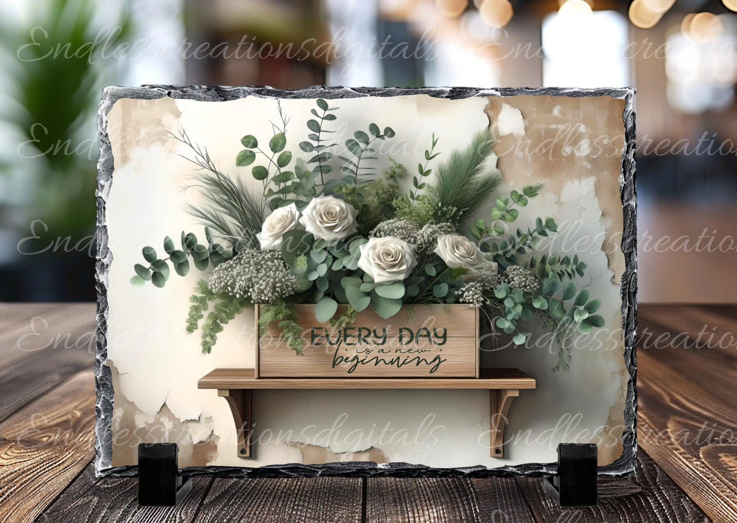 WINTER FLORAL SHELF cutting board sublimation,  Slate, 300 dpi high resolution, can be resized to fit, 2 files 1 add your own text