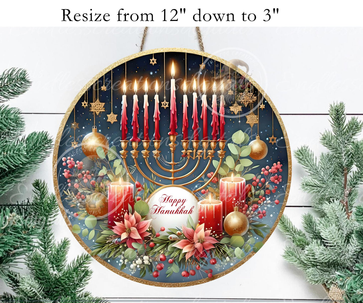 HAPPY HANUKKAH ROUND Door Hanger, cutting board, ornament sublimation high resolution 2 files for download 1 add your own text Resize