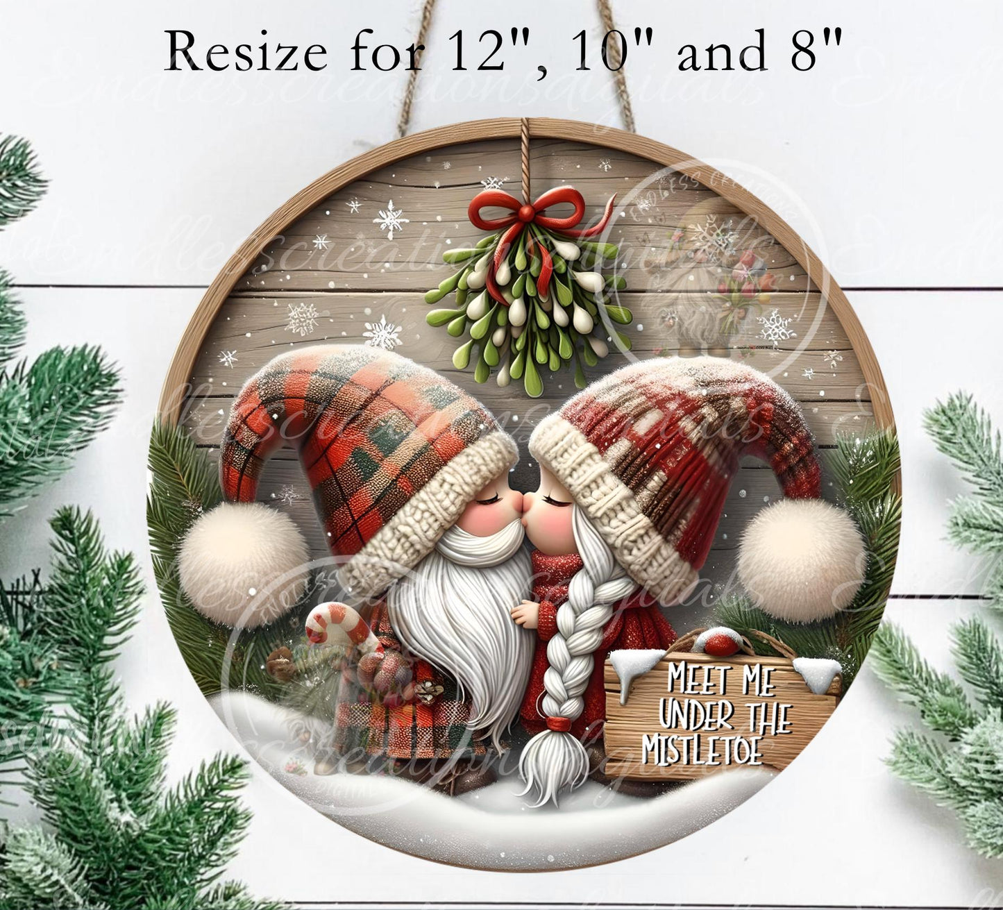 MISTLETOE GNOMES ROUND  Door Hanger, cutting board, ornament sublimation high resolution 2 files for download 1 add your own text Resize