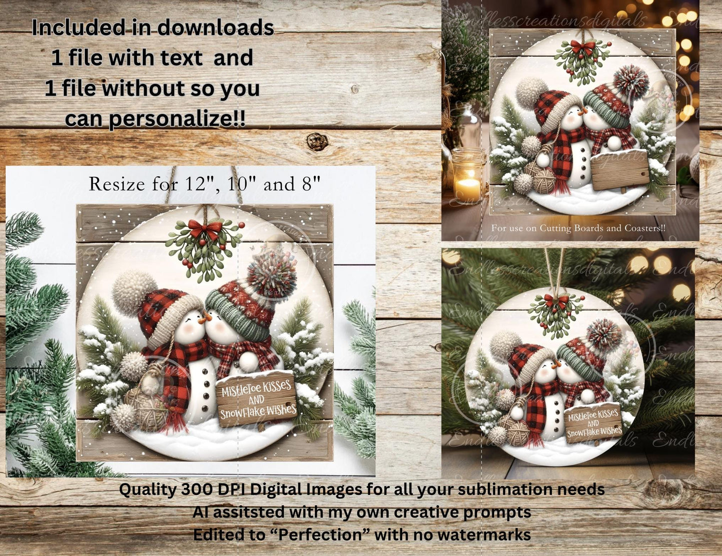 MISTLETOE SNOWMAN SQUARE Door Hanger, cutting board, ornament sublimation high resolution 2 files for download 1 add your own text Resize