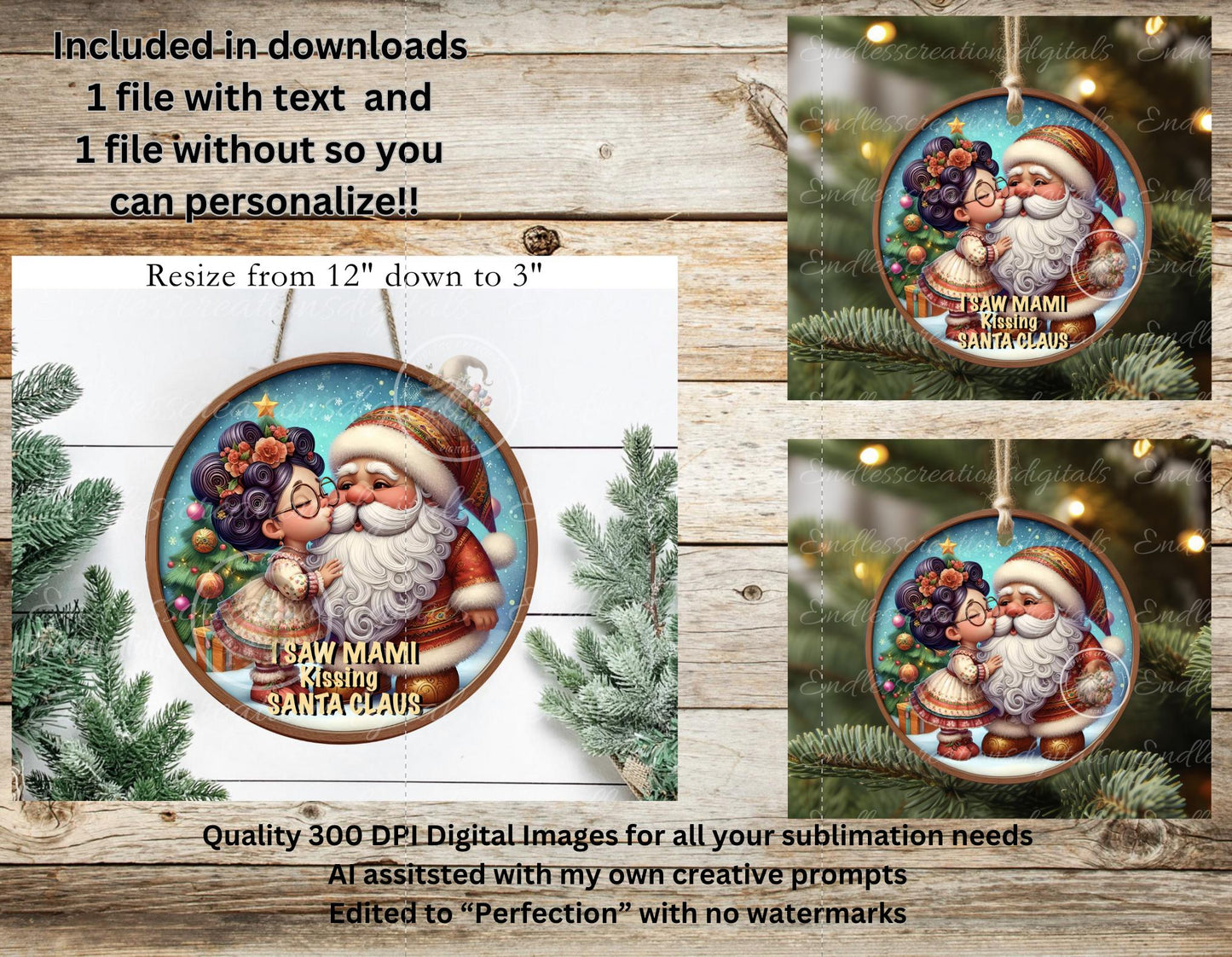 MAMI KISSING SANTA  Door Hanger, cutting board, ornament sublimation high resolution 2 files for download 1 add your own text Resize