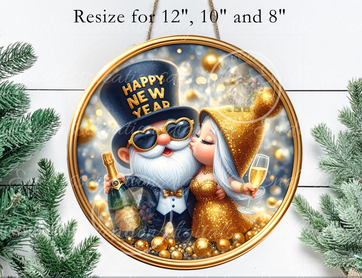 NEW YEARS GNOME Round  door hanger, wreath sign, round cutting board, ornaments for sublimation high resolution 2 files, 1 add your own text