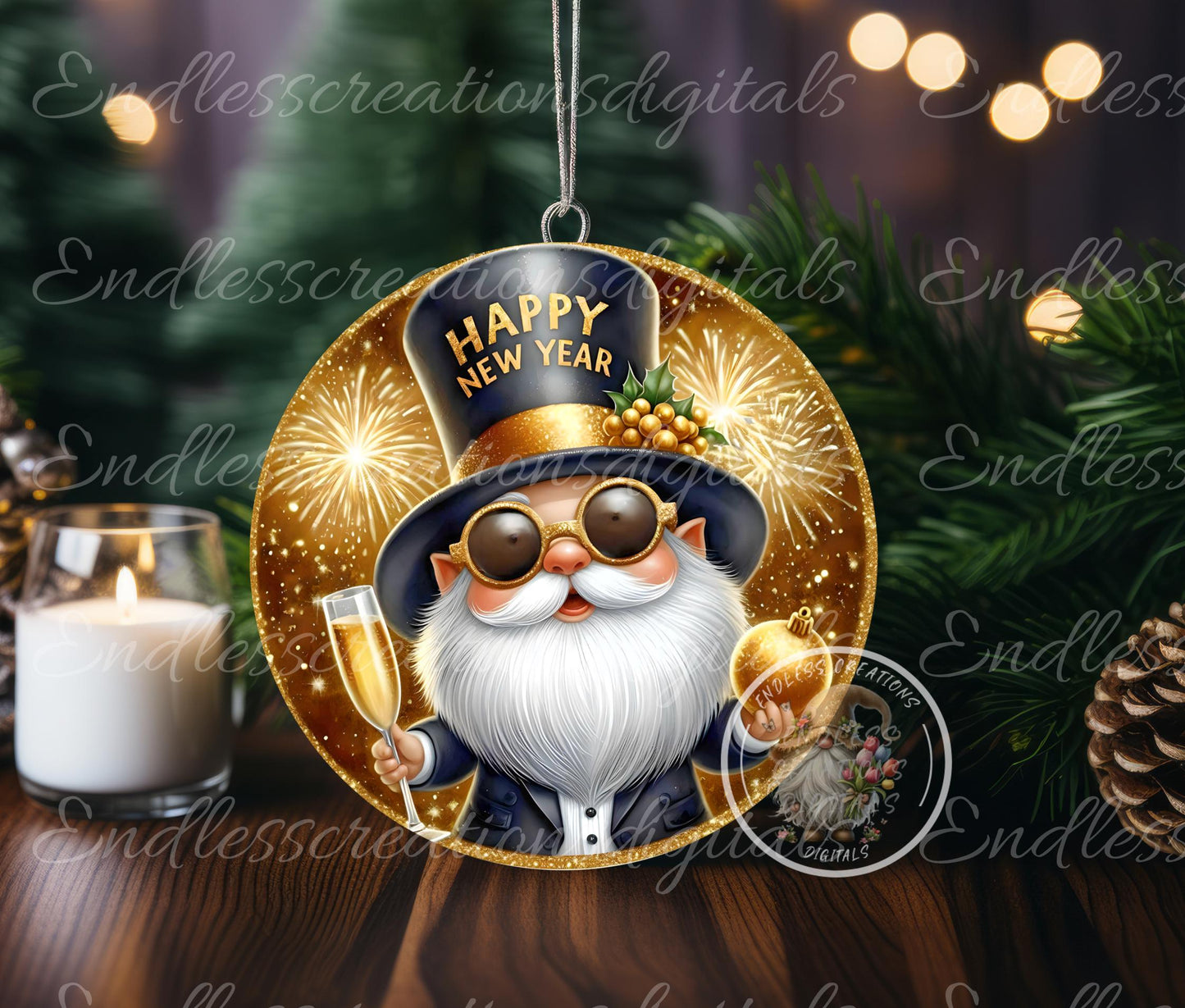 NEW YEARS GNOME Round  door hanger, wreath sign, round cutting board, ornaments for sublimation high resolution 2 files, 1 add your own text