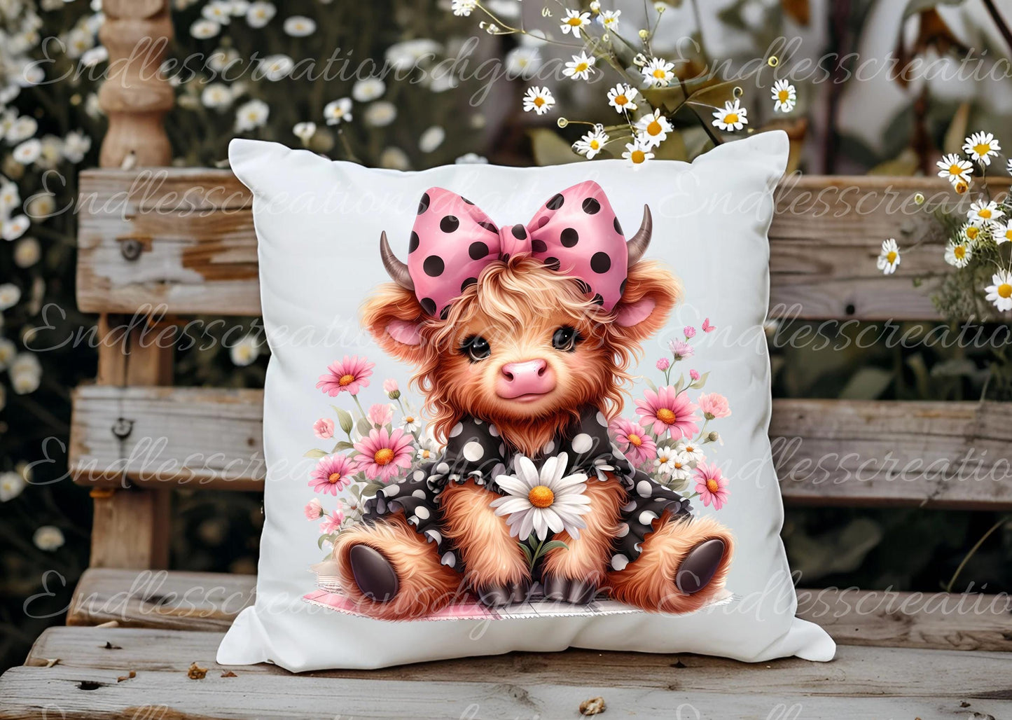 SHABBY CHIC HIGHLAND Cow Pillow covers, tea towel, tote bags etc. sublimation package of 5 high definition 300 Dpi, transparent,