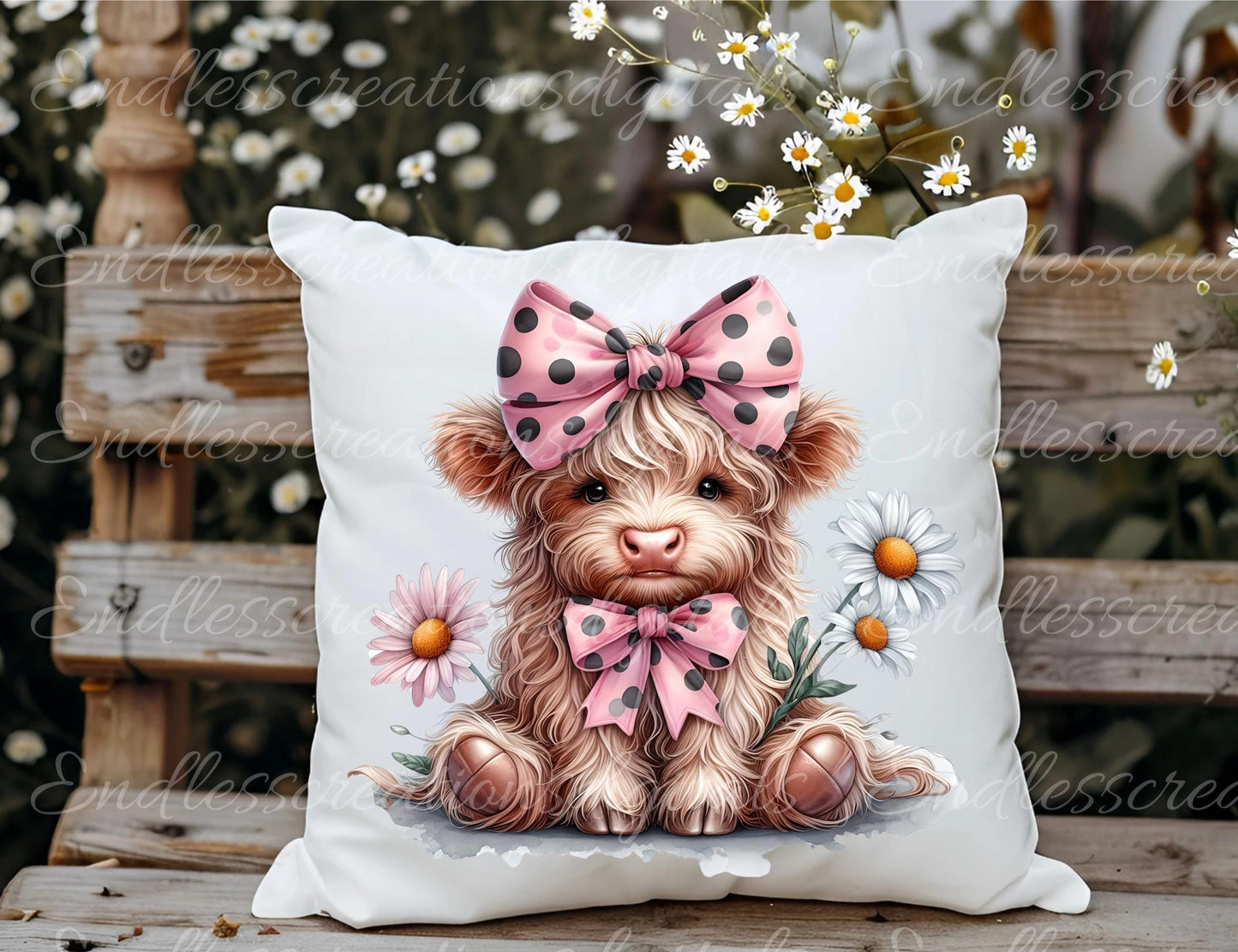 SHABBY CHIC HIGHLAND Cow Pillow covers, tea towel, tote bags etc. sublimation package of 5 high definition 300 Dpi, transparent,