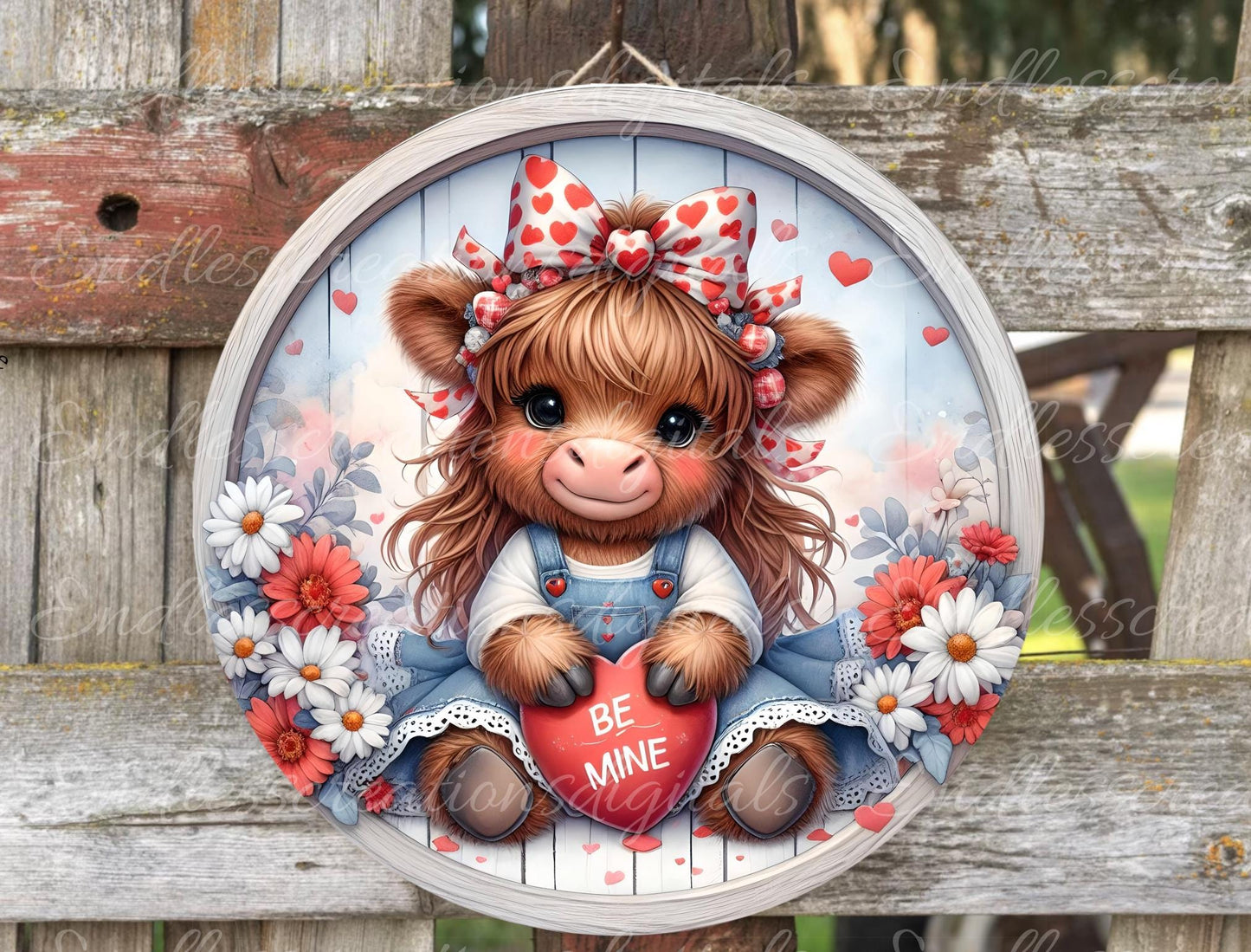 VALENTINES GIRLY HIGHLAND Cow door hanger, keychain, round cutting board etc.  for sublimation, 300 DPI high resolution, can be resized, 2 files for download, 1 blank