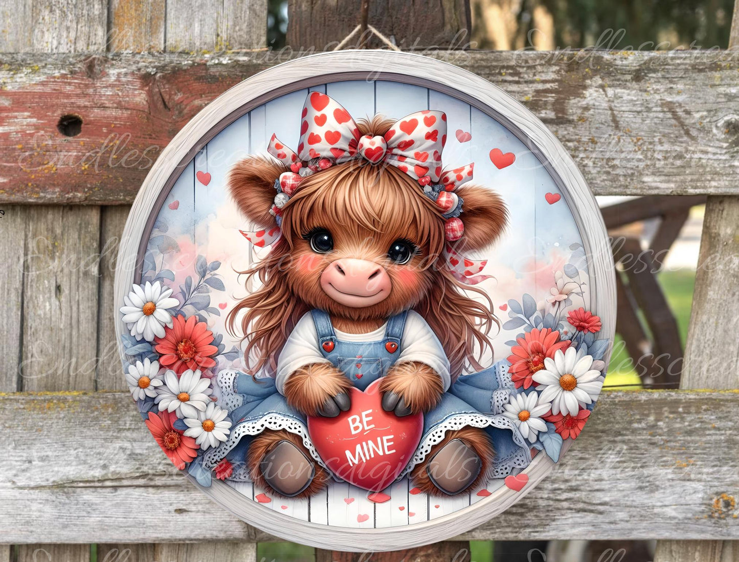 VALENTINES GIRLY HIGHLAND Cow door hanger, keychain, round cutting board etc.  for sublimation, 300 DPI high resolution, can be resized, 2 files for download, 1 blank