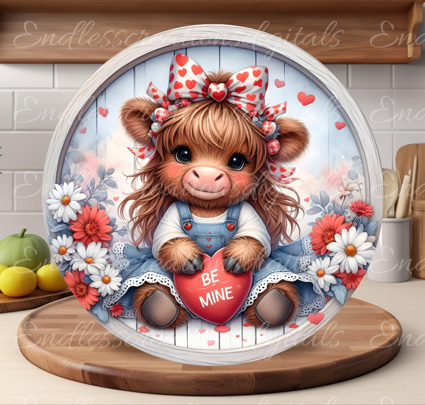 VALENTINES GIRLY HIGHLAND Cow door hanger, keychain, round cutting board etc.  for sublimation, 300 DPI high resolution, can be resized, 2 files for download, 1 blank