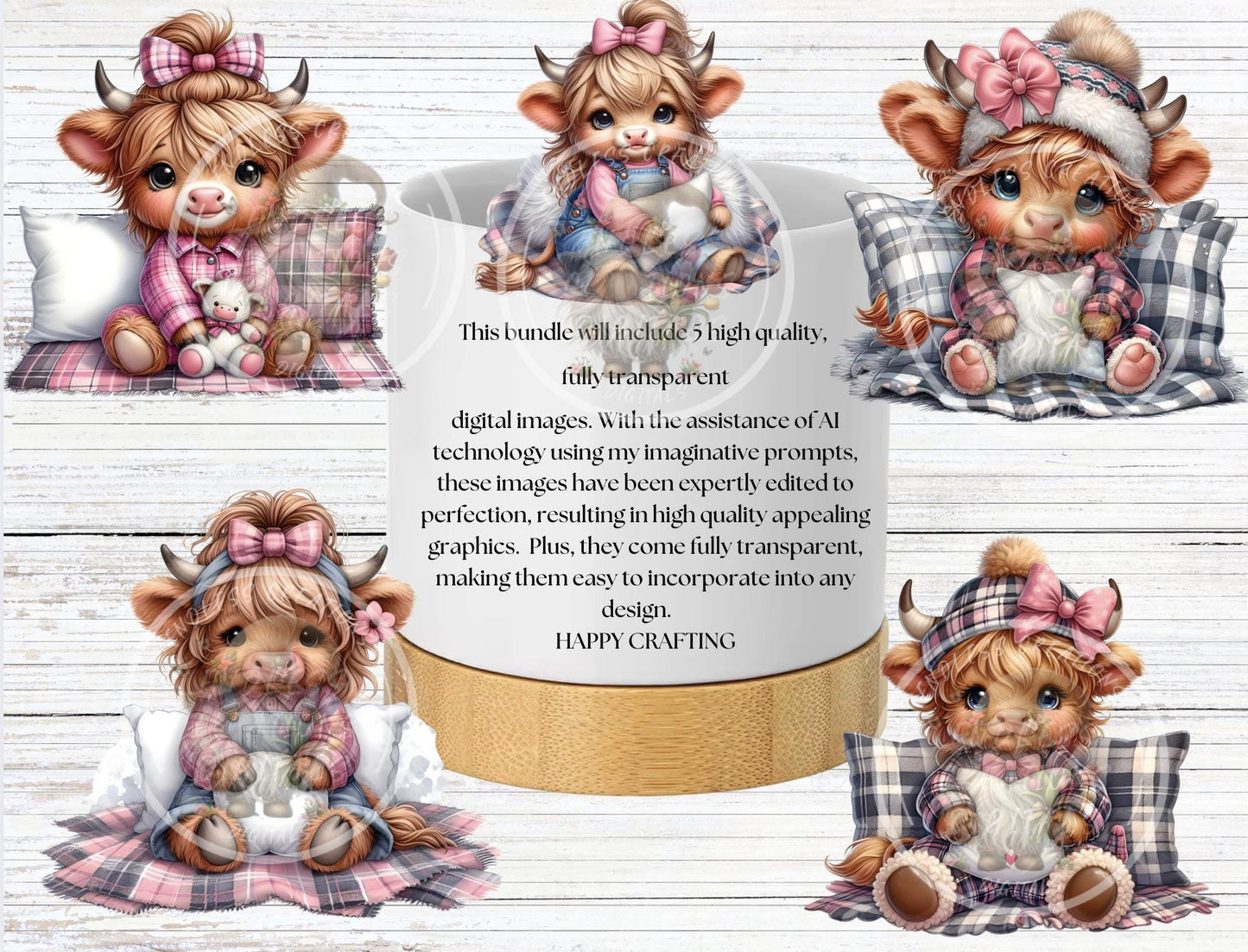 WINTER GIRLY COW Pillow covers, tea towel, mugs, plant pots etc. sublimation   5 high definition 300 Dpi, transparent, add your own text