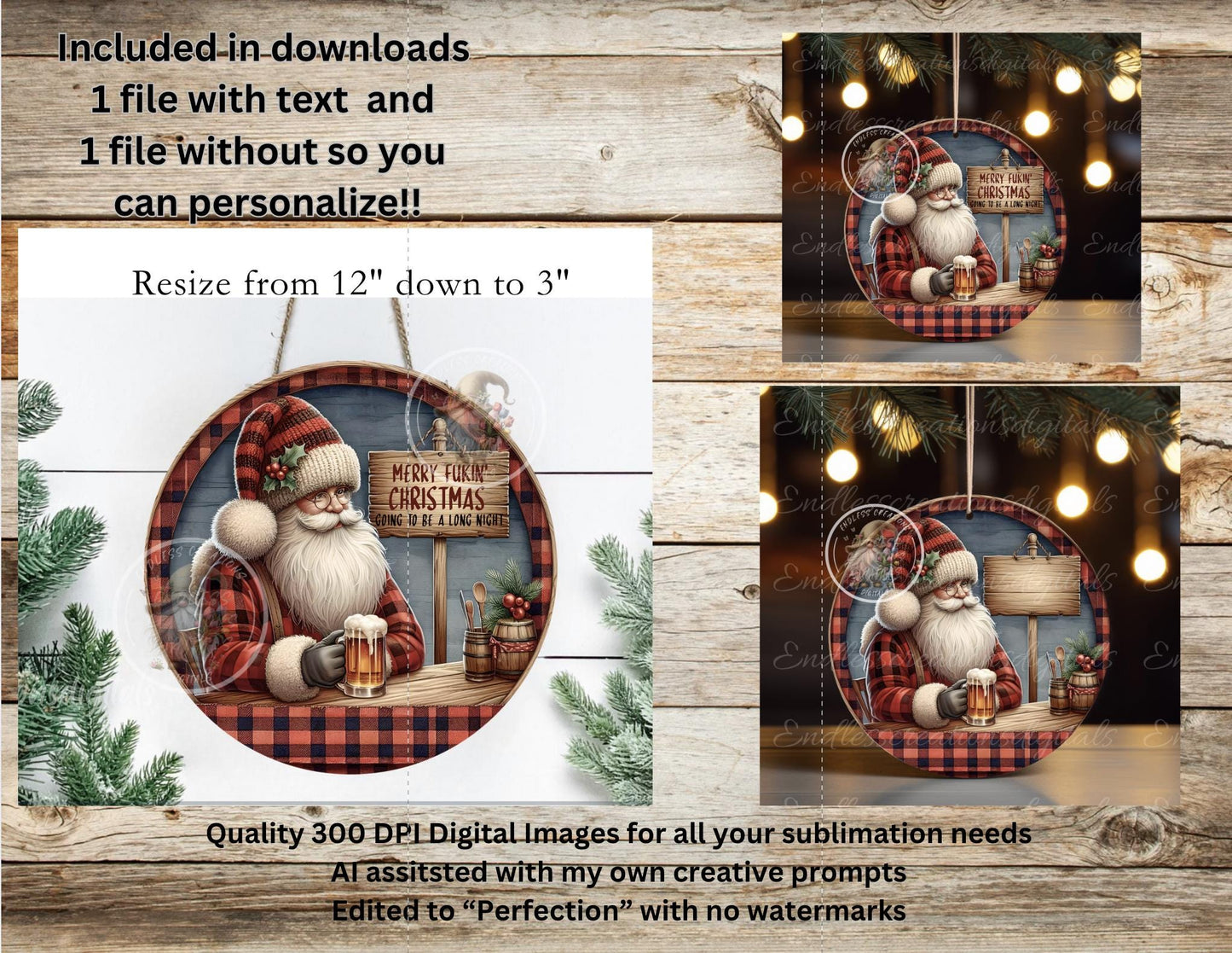 SANTA LONG NIGHT ornament, Door Hanger for sublimation high resolution 2 files for download 1 add your own text, can be resized