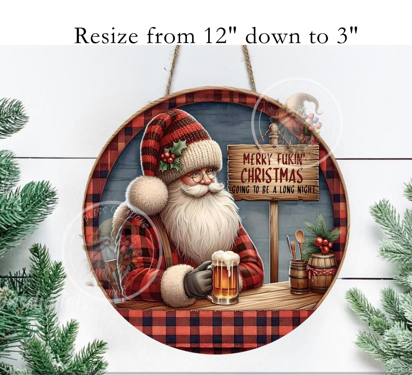 SANTA LONG NIGHT ornament, Door Hanger for sublimation high resolution 2 files for download 1 add your own text, can be resized