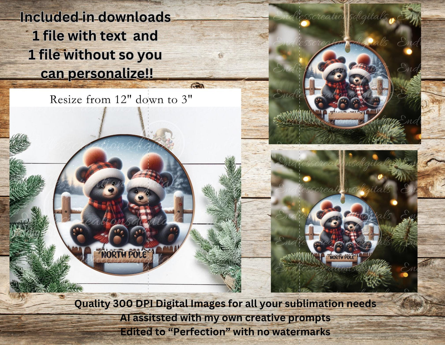 BLACK BEARS Christmas ornament, Door Hanger for sublimation high resolution 2 files for download 1 add your own text