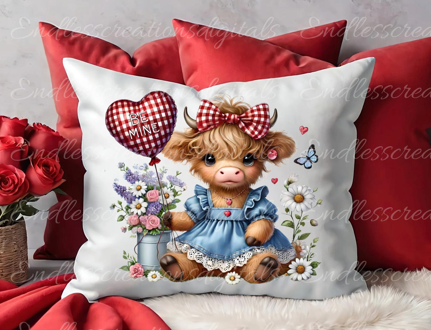 VALENTINES HIGHLAND COW Pillow covers, tea towel mugs plant pots etc. sublimation package of 5 high definition 300 Dpi, transparent