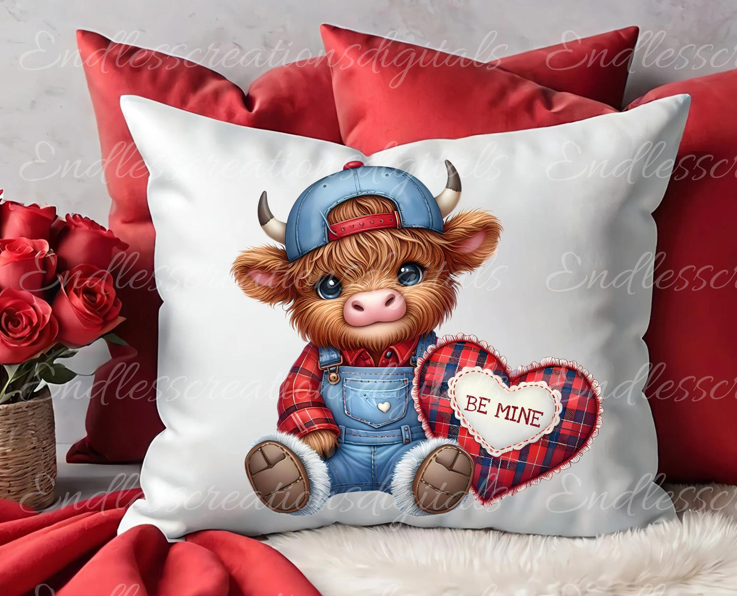 VALENTINES HIGHLAND COW Pillow covers, tea towel mugs plant pots etc. sublimation package of 5 high definition 300 Dpi, transparent