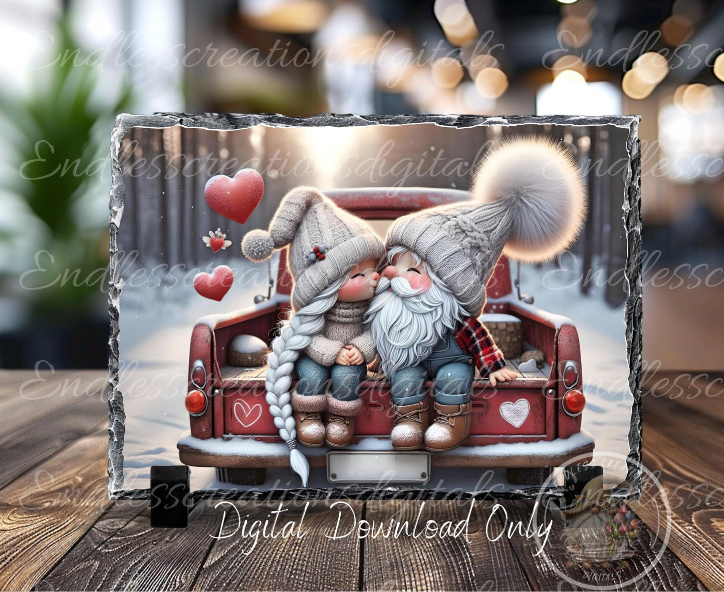 GNOME COUPLE LOVE VALENTINES Red Truck, digital download only, 2 files, 1 blank for your own text, 300 dpi