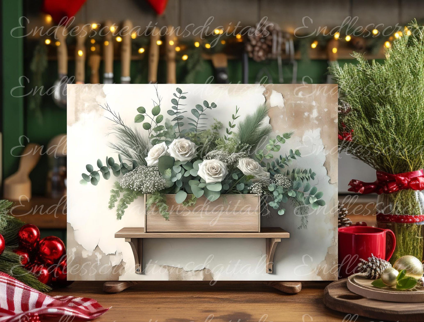 WINTER FLORAL SHELF cutting board sublimation,  Slate, 300 dpi high resolution, can be resized to fit, 2 files 1 add your own text