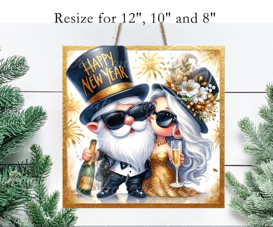 NEW YEARS GNOME Square  door hanger, wreath sign, round cutting board ornaments for sublimation high resolution 2 files, 1 add your own text