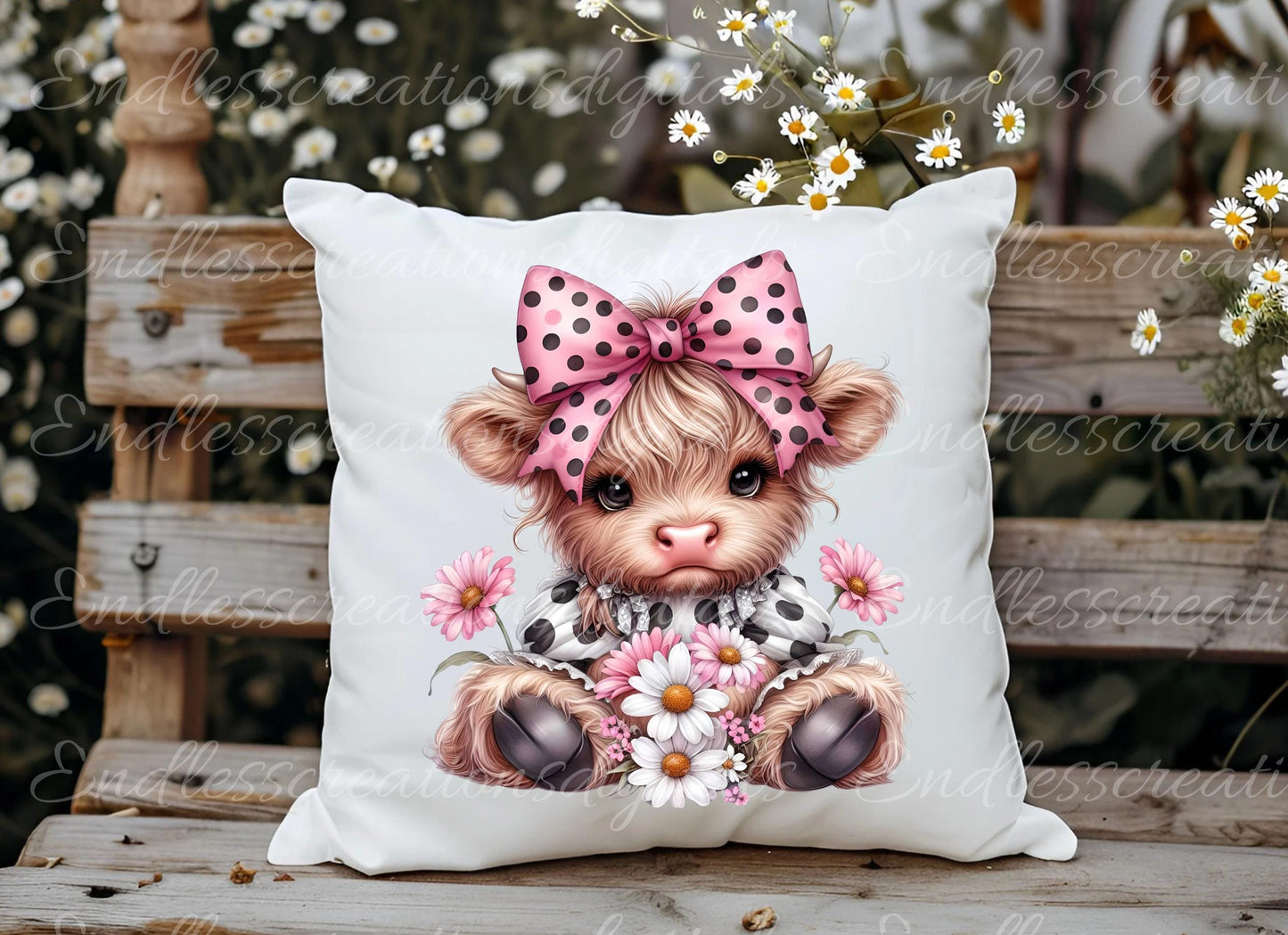 SHABBY CHIC HIGHLAND Cow Pillow covers, tea towel, tote bags etc. sublimation package of 5 high definition 300 Dpi, transparent,