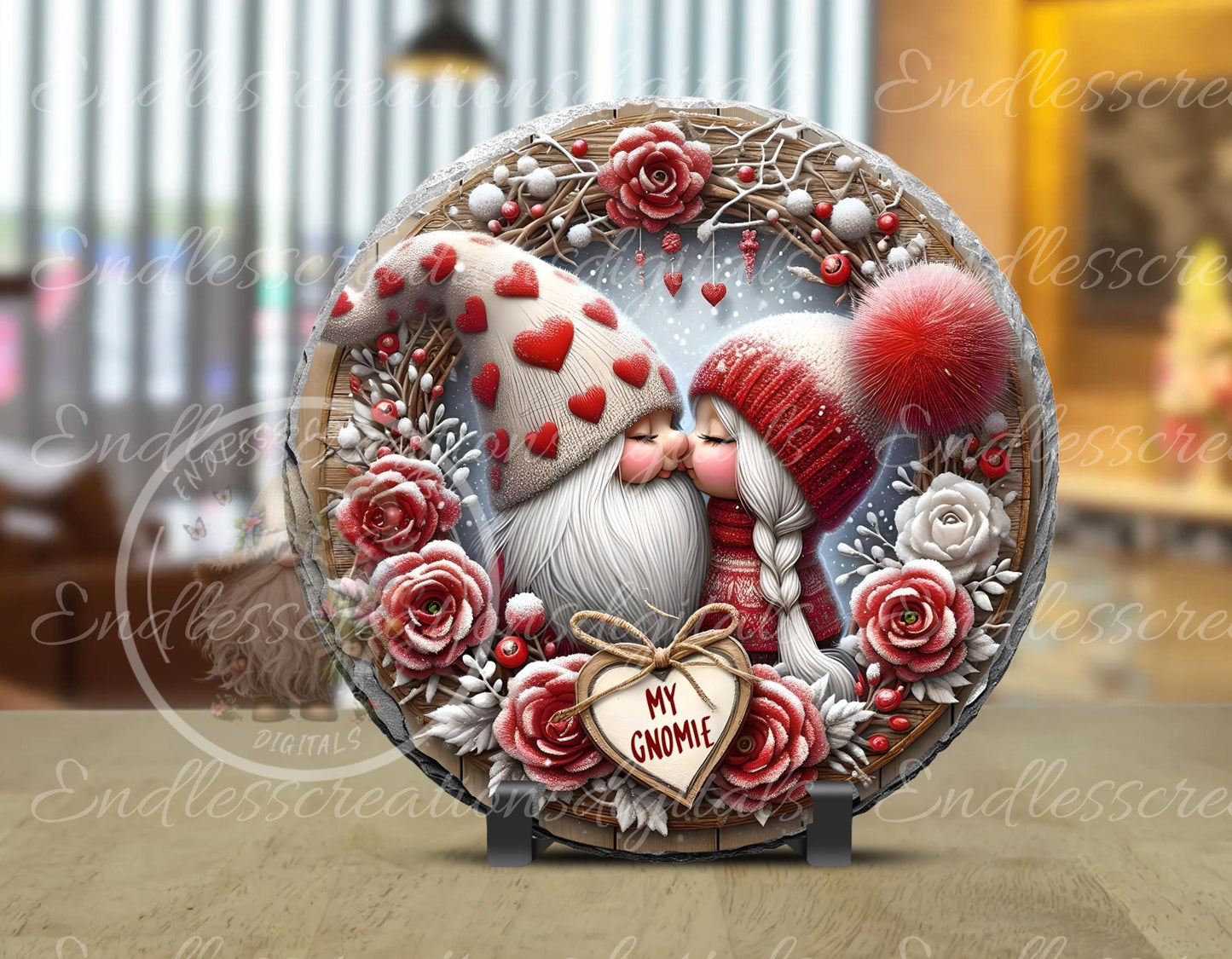 VALENTINES KISSING GNOMES  door hanger keychain, round slate,  for sublimation high resolution can be resized, 2 files 1 blank, resize