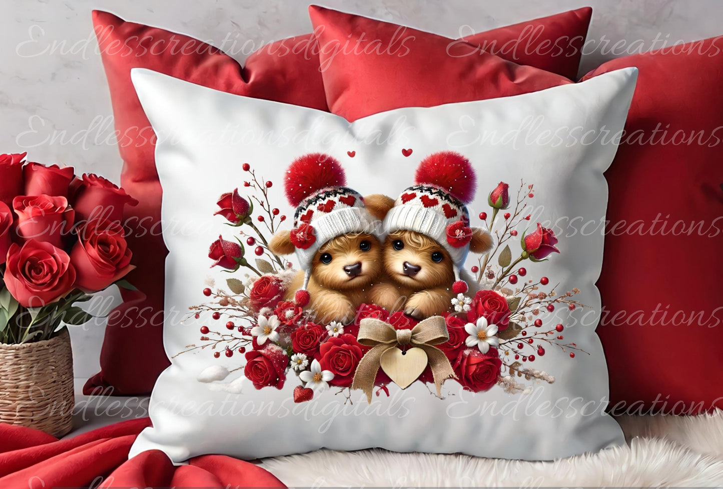 VALENTINES HIGHLAND COW, Cardinals,  Pillow covers, tea towel mugs, plant pots etc sublimation package of 5  300 Dpi png,  add your own text