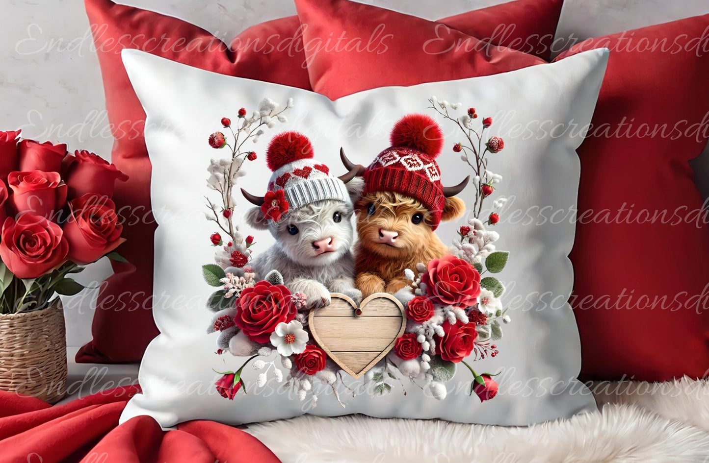 VALENTINES HIGHLAND COW, Cardinals,  Pillow covers, tea towel mugs, plant pots etc sublimation package of 5  300 Dpi png,  add your own text