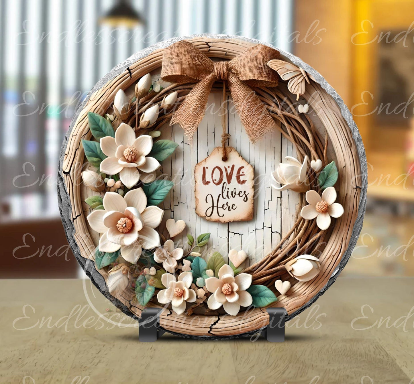 LOVE LIVES HERE SPRING Magnolia door hanger, wreath sign, round slate,  for sublimation high resolution can be resized, 2 files 1 blank, resize