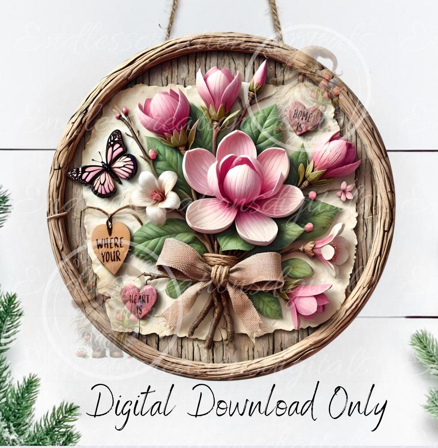 HOME IS WHERE Heart Magnolia door hanger, wreath sign, round slate,  for sublimation high resolution can be resized, 2 files 1 blank, resize