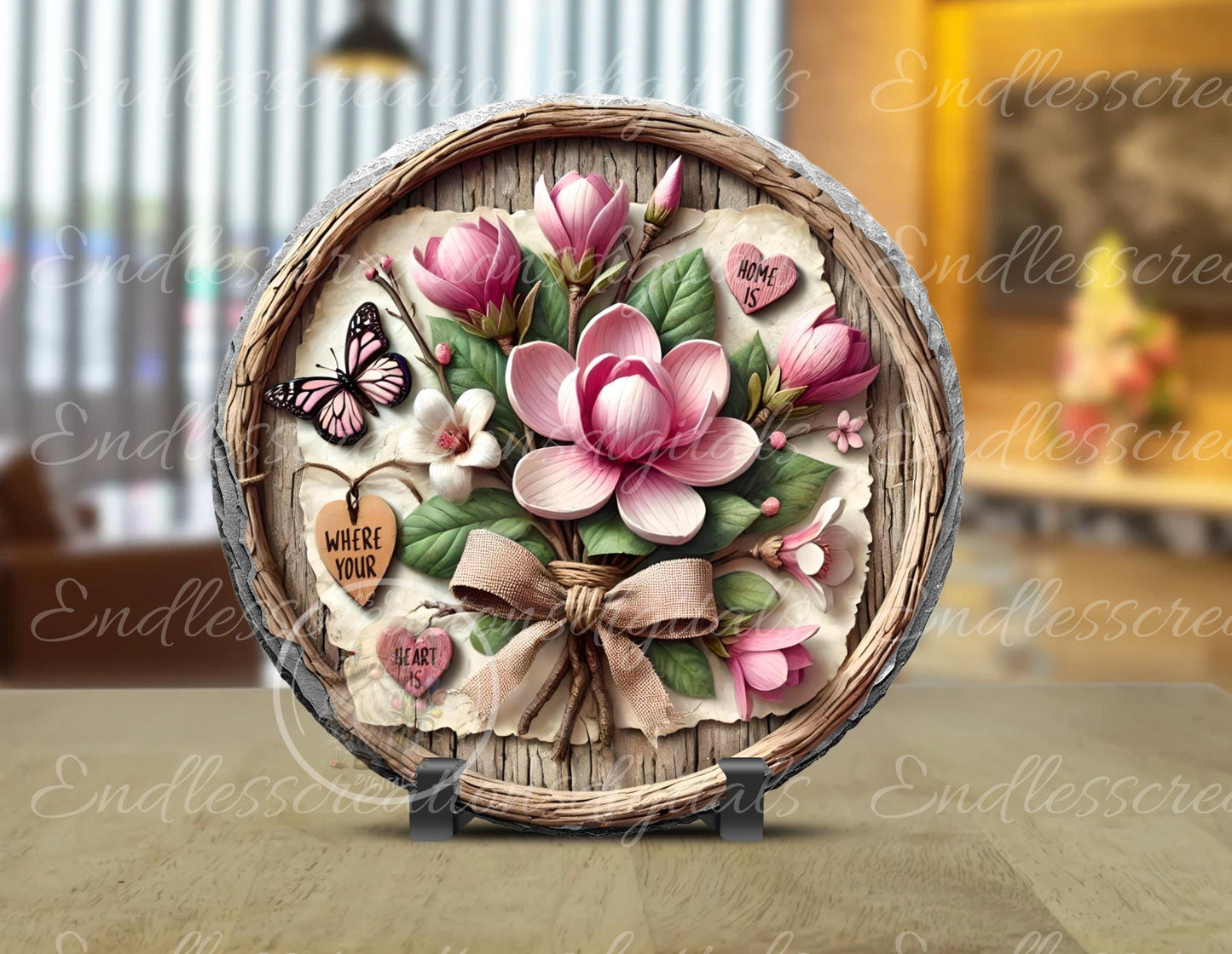 HOME IS WHERE Heart Magnolia door hanger, wreath sign, round slate,  for sublimation high resolution can be resized, 2 files 1 blank, resize