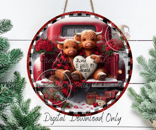 Valentines Highland Cow Red Truck, digital download only, 2 files, 1 blank for your own text, 300 DPI