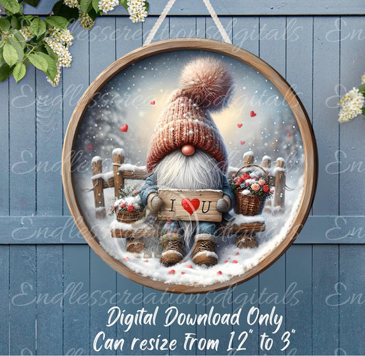 LOVE YOU VALENTINES Gnome, digital download only, 2 files, 1 blank for your own text, 300 dpi