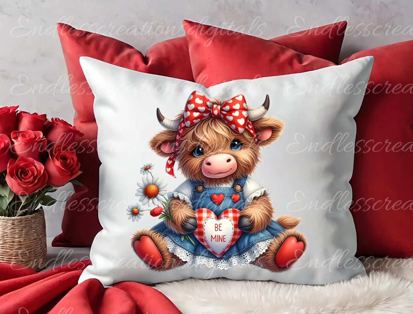 VALENTINES HIGHLAND COW Pillow covers, tea towel mugs plant pots etc. sublimation package of 5 high definition 300 Dpi, transparent