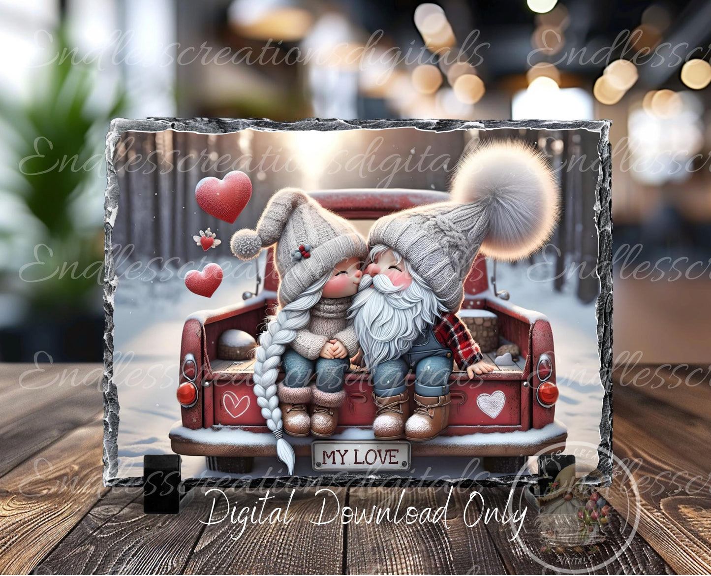 GNOME COUPLE LOVE VALENTINES Red Truck, digital download only, 2 files, 1 blank for your own text, 300 dpi