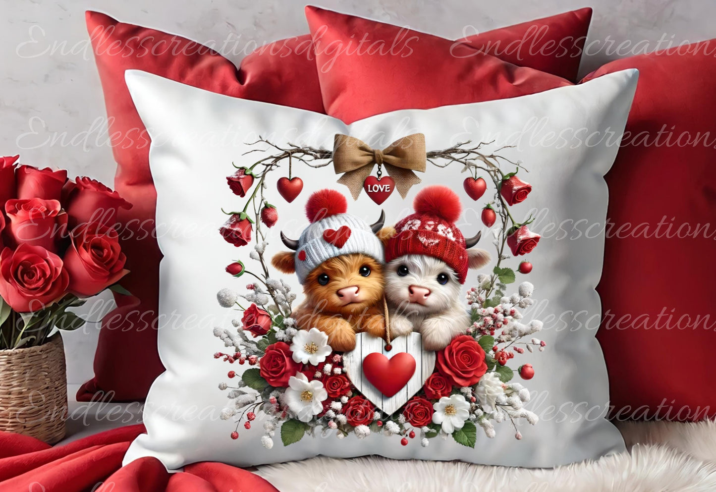 VALENTINES HIGHLAND COW, Cardinals,  Pillow covers, tea towel mugs, plant pots etc sublimation package of 5  300 Dpi png,  add your own text