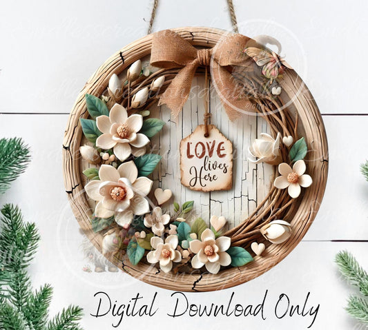 LOVE LIVES HERE SPRING Magnolia door hanger, wreath sign, round slate,  for sublimation high resolution can be resized, 2 files 1 blank, resize