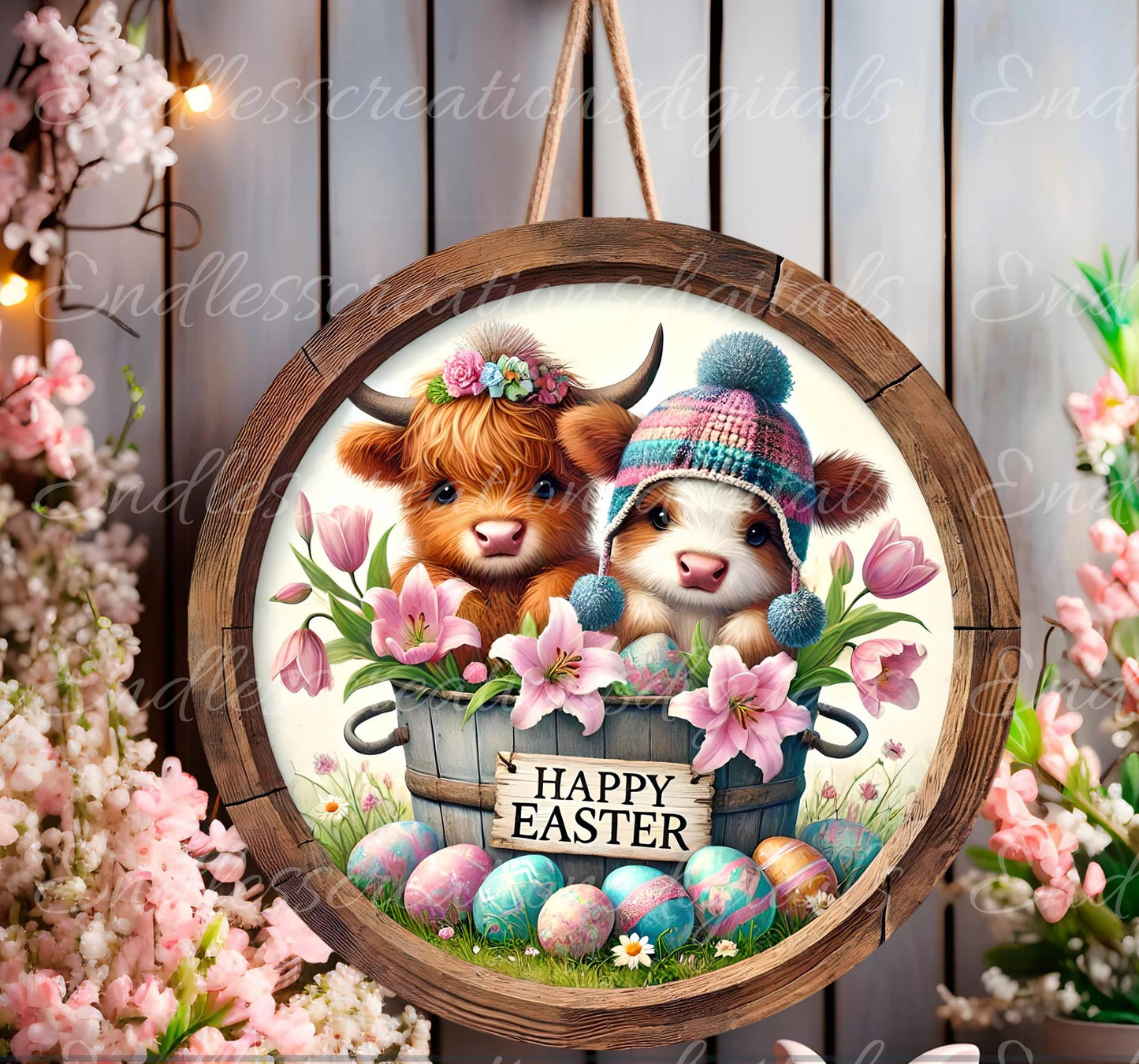 EASTER HIGHLAND COWS Wreath Sign, door hanger, wind spinner, slate for sublimation high resolution 2 files for download, 1 add your own text