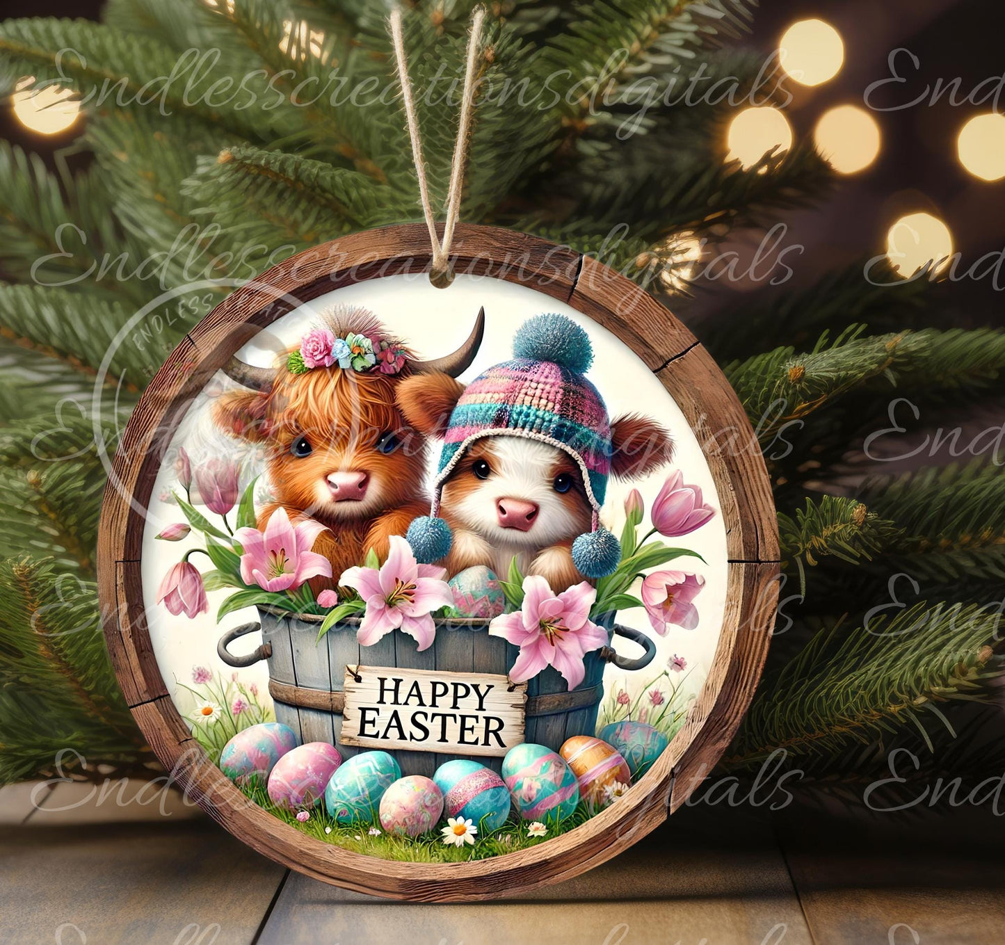 EASTER HIGHLAND COWS Wreath Sign, door hanger, wind spinner, slate for sublimation high resolution 2 files for download, 1 add your own text