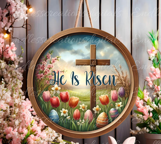 HE IS RISEN Easter Wreath Sign, door hanger wind spinner slate for sublimation high resolution 2 files for download 1 add your own text