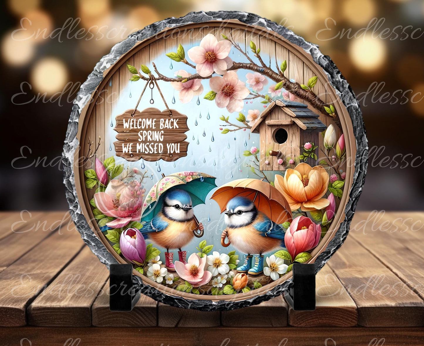 SPRING BABY BLUEJAYS Wreath Sign, door hanger, wind spinners, slate for sublimation high resolution 2 files for download 1 add your own text