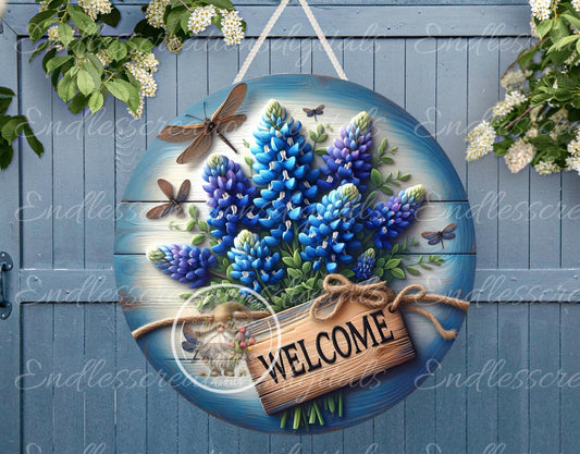 WELCOME BLUEBONNETS SPRING door hanger, keychain, round slate,  for sublimation high resolution can be resized, 2 files 1 blank, resize