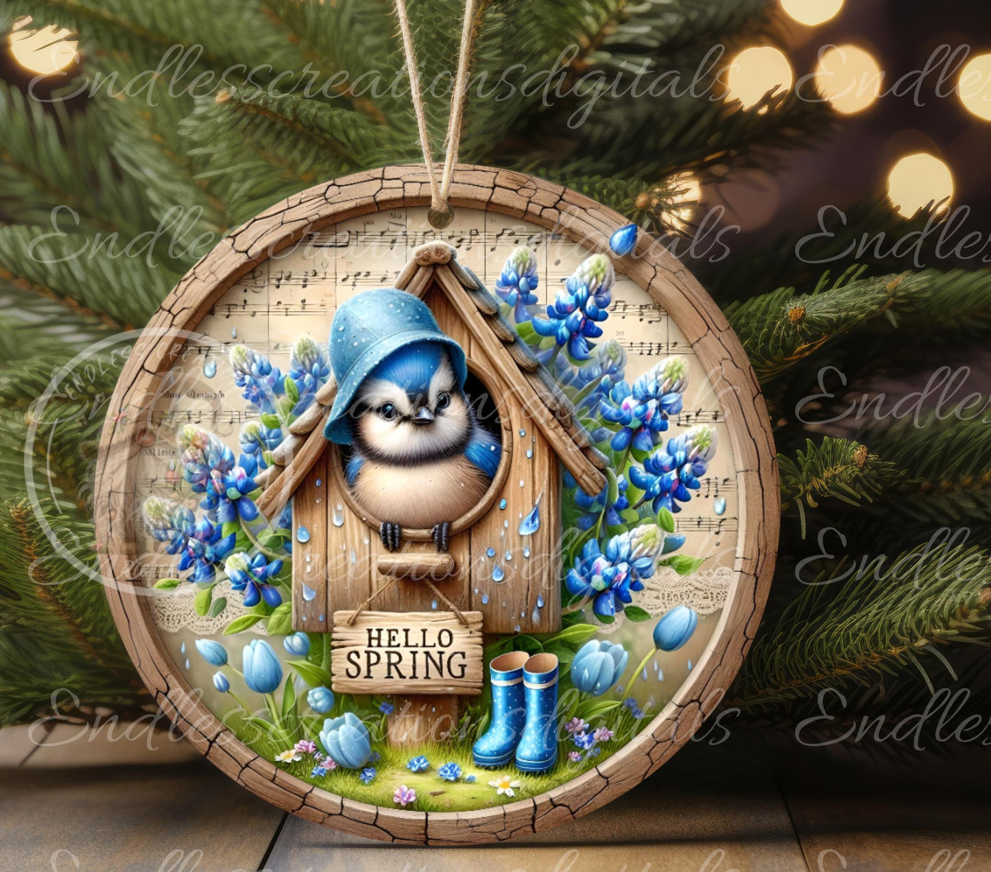 SPRING BABY BLUEJAYS Wreath Sign, door hanger, wind spinners, slate for sublimation high resolution 2 files for download 1 add your own text