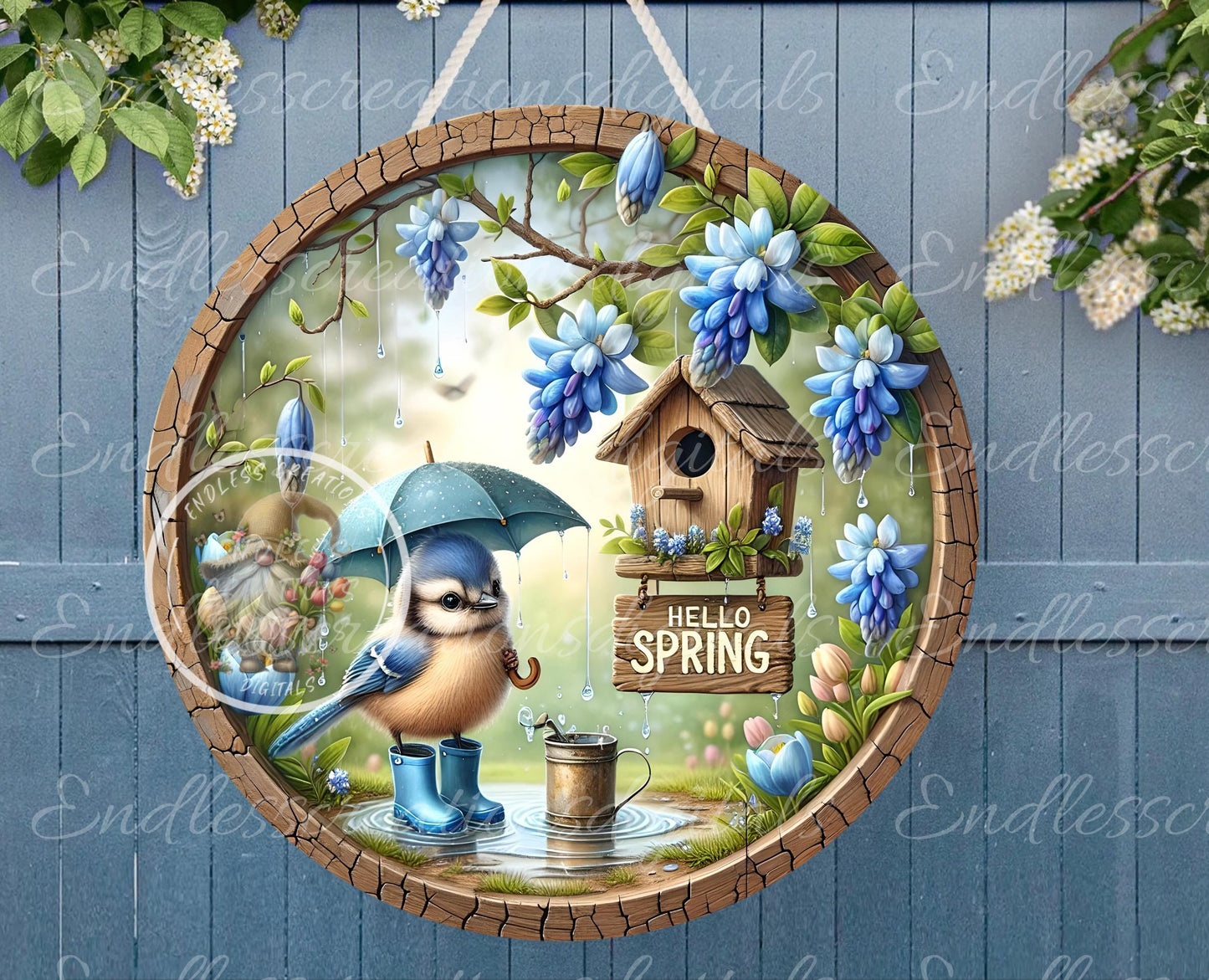 SPRING BABY BLUEJAYS Wreath Sign, door hanger, wind spinners, slate for sublimation high resolution 2 files for download 1 add your own text