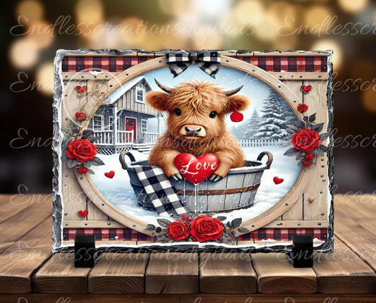 Valentines Highland Cow Red Truck rectangle, digital download only, 2 files, 1 blank for your own text, 300 DPI