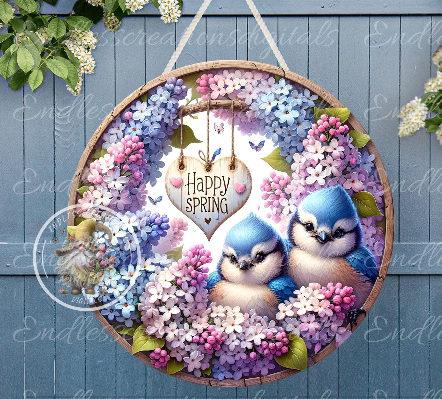 SPRING LILACS BABY BLUE JAY BIRDS Wreath Sign, door hanger, wind spinners slate for sublimation high resolution 2 files for download 1 add your own text