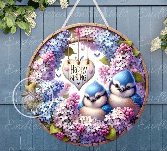 SPRING LILACS BABY BLUE JAY BIRDS Wreath Sign, door hanger, wind spinners slate for sublimation high resolution 2 files for download 1 add your own text