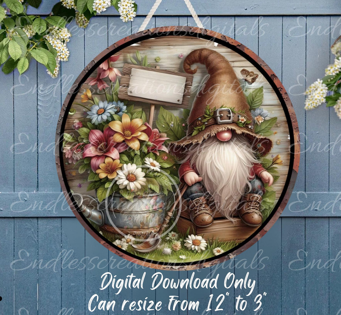 SPRING GNOME SUBLIMATION door hanger, wreath sign, slate, clock etc. for sublimation high resolution 2 files, 1 blank for own text