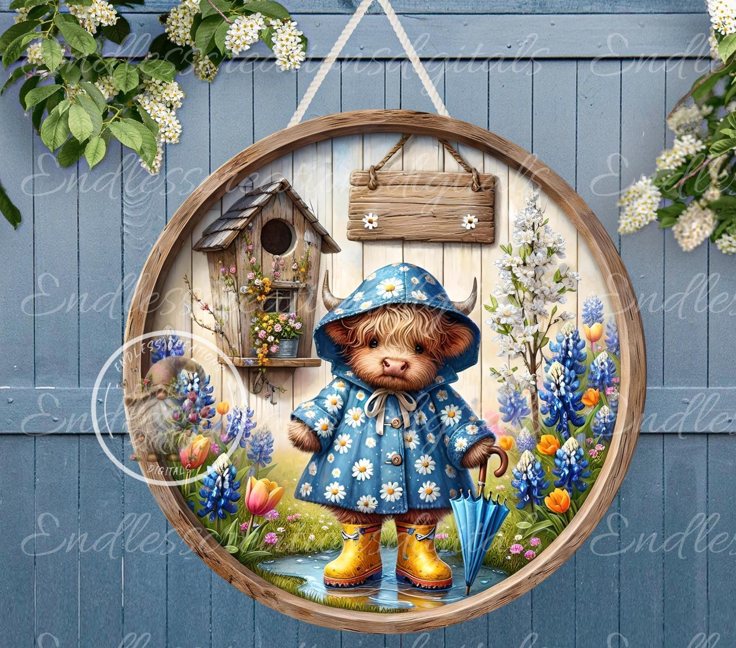 SPRING BABY HIGHLAND Wreath Sign, door hanger, wind spinners slate for sublimation high resolution 2 files for download 1 add your own text