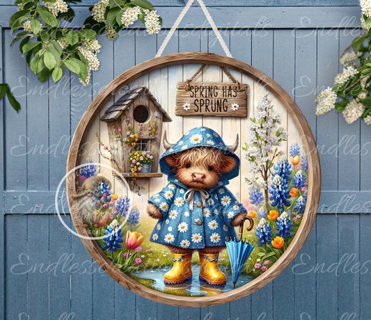 SPRING BABY HIGHLAND Wreath Sign, door hanger, wind spinners slate for sublimation high resolution 2 files for download 1 add your own text